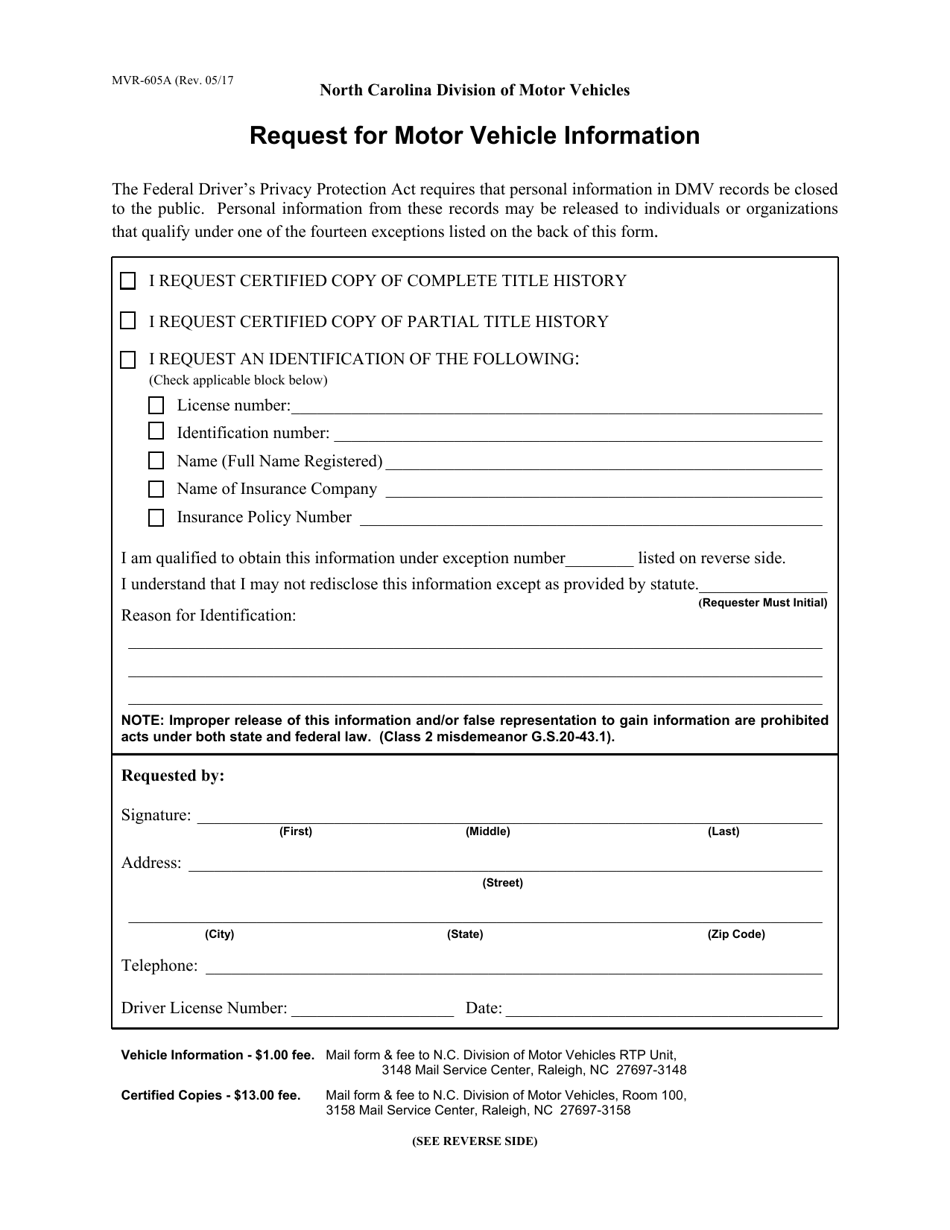 Form MVR-605A Request for Motor Vehicle Information - North Carolina, Page 1