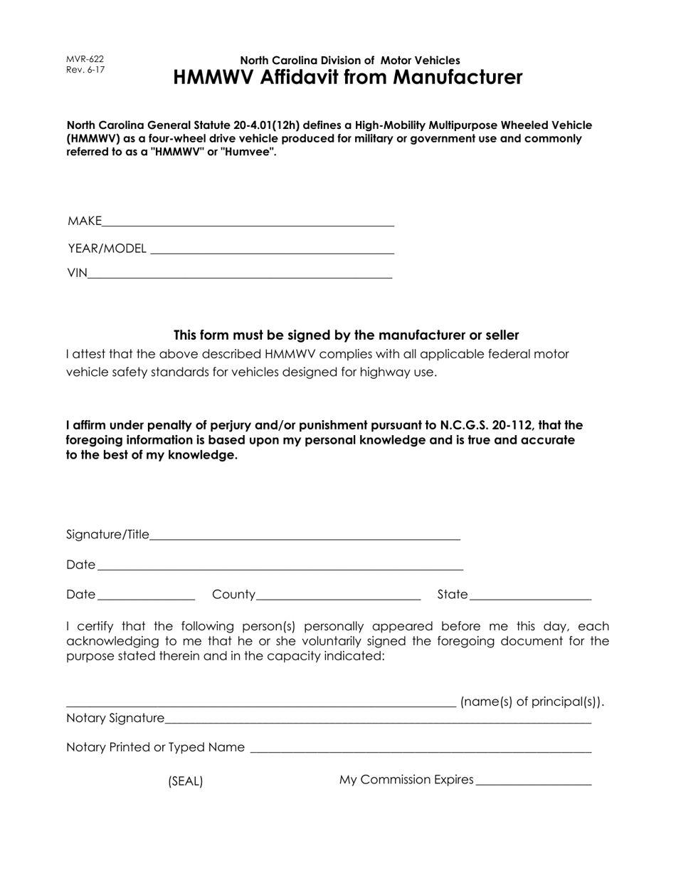 Form MVR-622 Hmmwv Affidavit From Manufacturer - North Carolina, Page 1