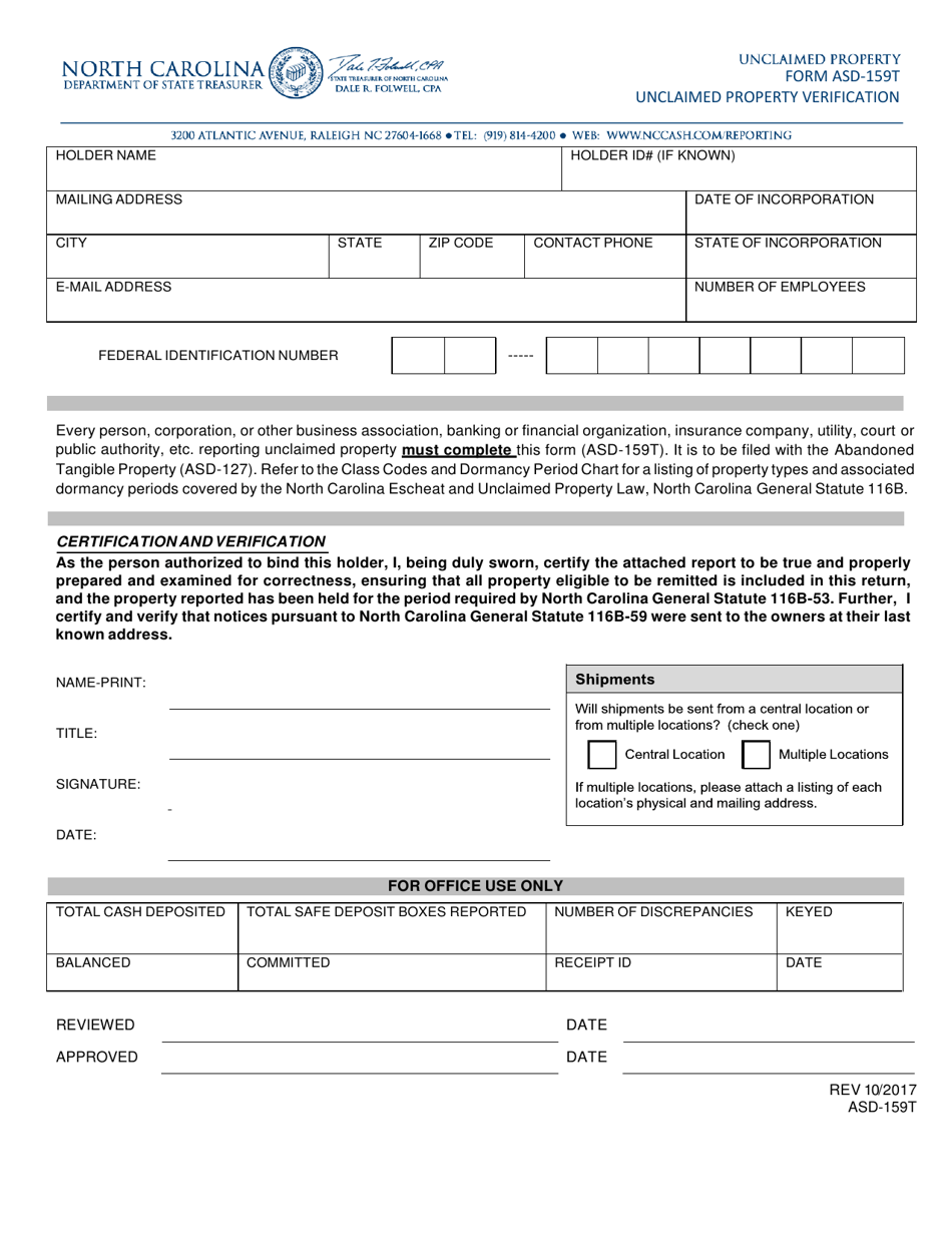 Form ASD-159T Unclaimed Property Verification - North Carolina, Page 1