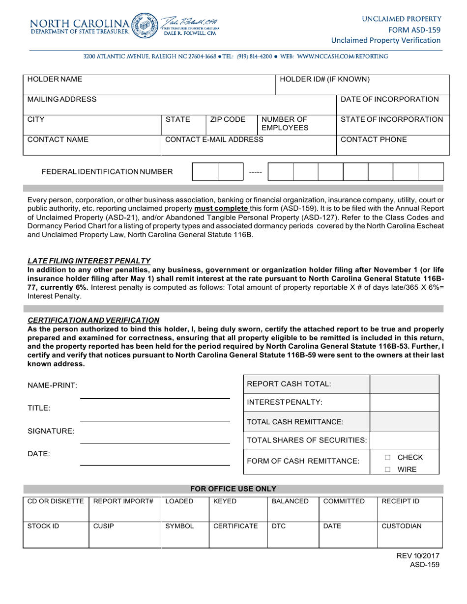 Form ASD-159 Unclaimed Property Verification - North Carolina, Page 1