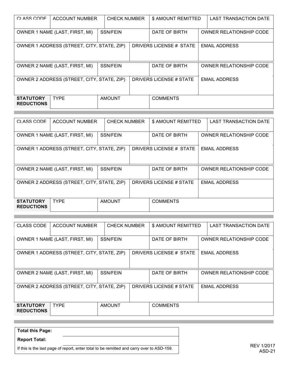 Form ASD-21 Report of Unclaimed Property - North Carolina, Page 3