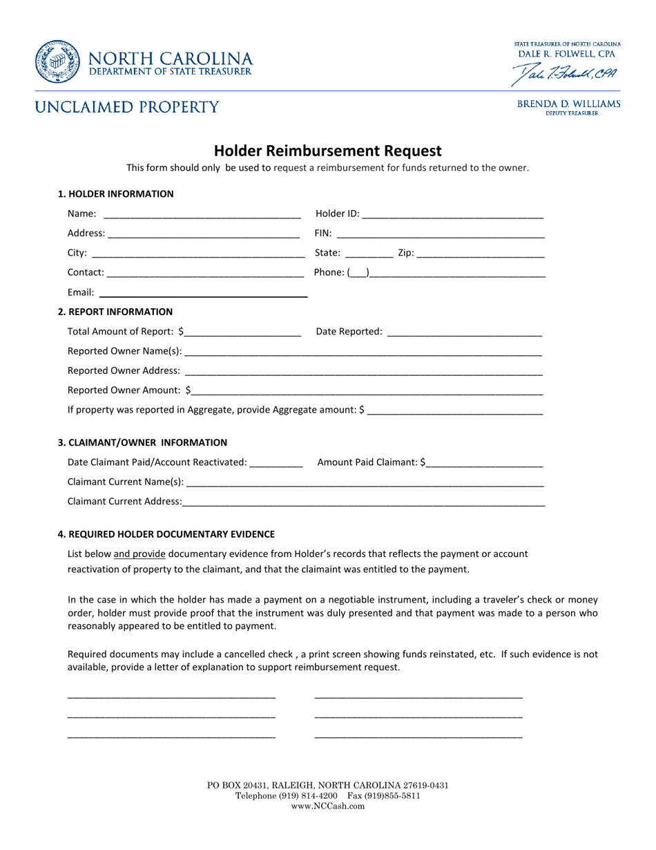 Form UPD-630 Holder Reimbursement Request - North Carolina, Page 1