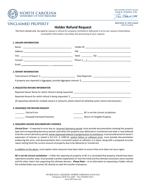 Holder Refund Request Form - North Carolina Download Pdf