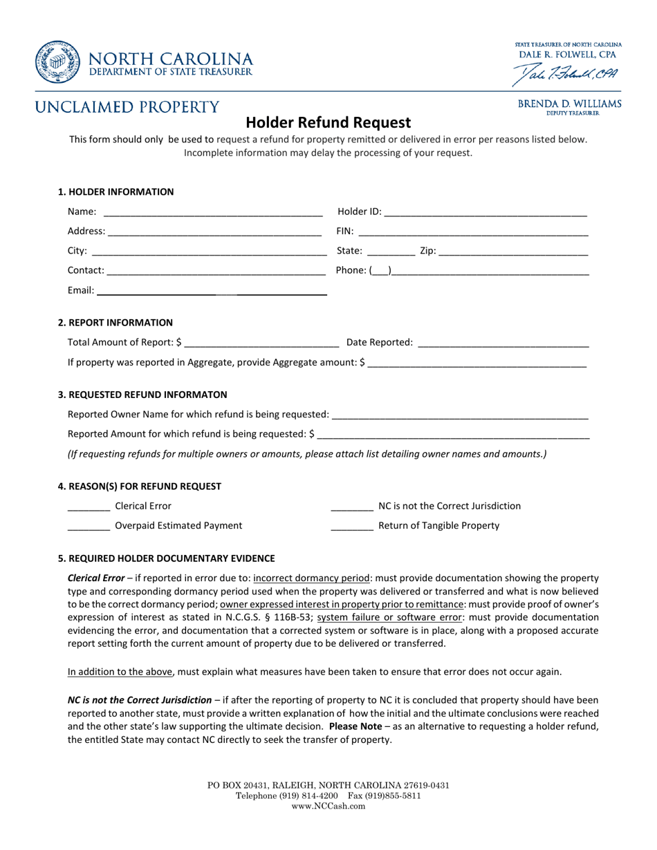 Holder Refund Request Form - North Carolina, Page 1
