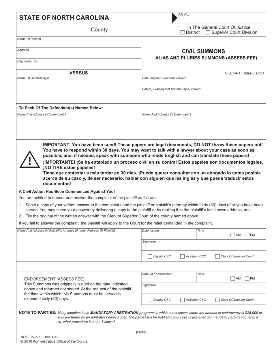 Form AOC-CV-100 Civil Summons - North Carolina, Page 1