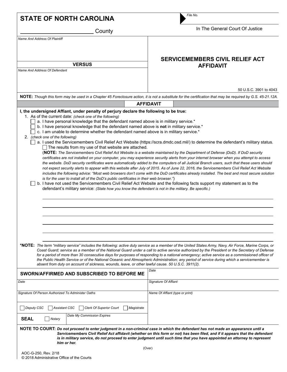 Form AOC-G-250 Servicemembers Civil Relief Act Affidavit - North Carolina, Page 1