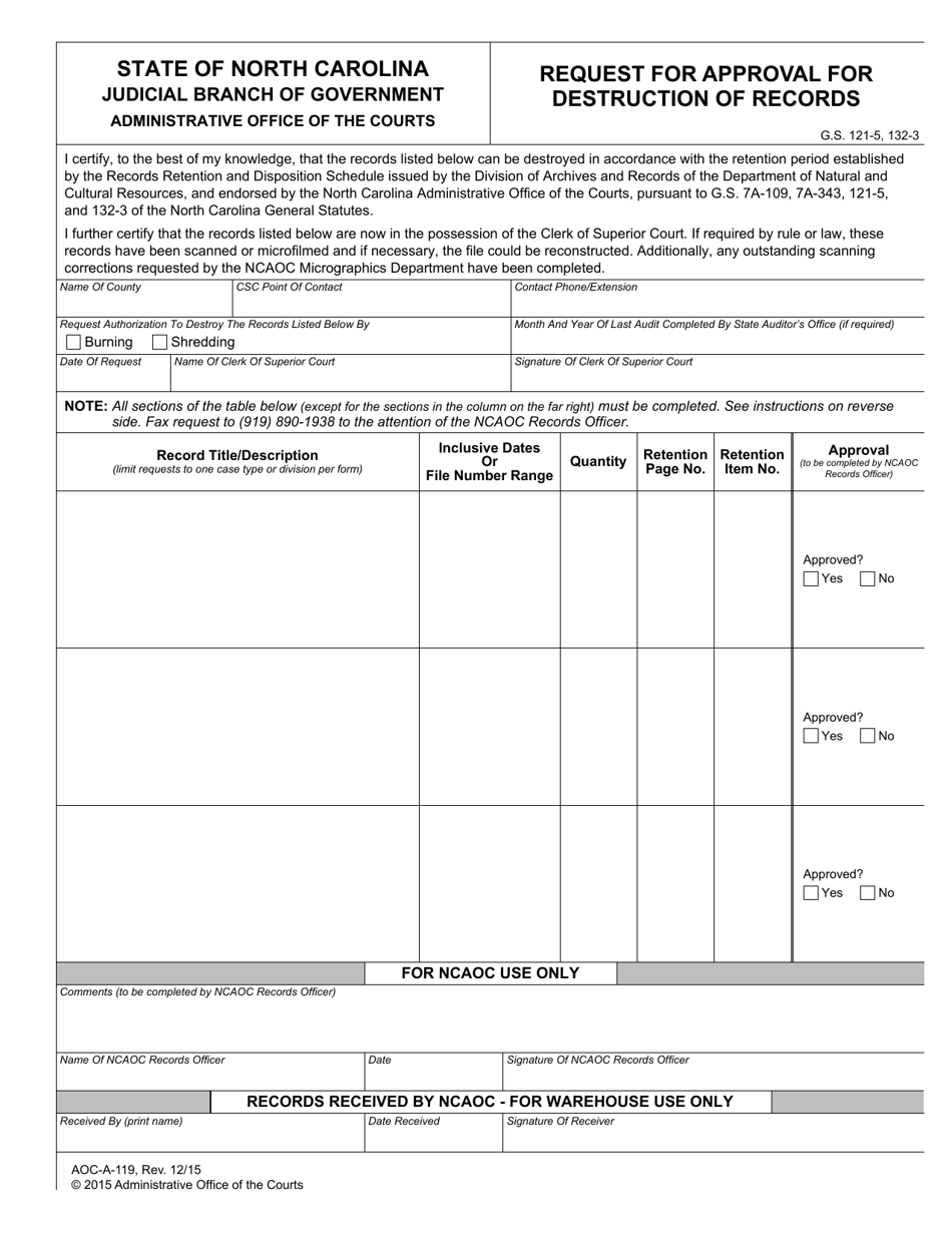 Form AOC-A-119 Request for Approval for Destruction of Records - North Carolina, Page 1