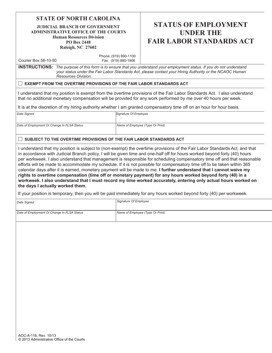 Form AOC-A-116 Status of Employment Under the Fair Labor Standards Act - North Carolina, Page 1
