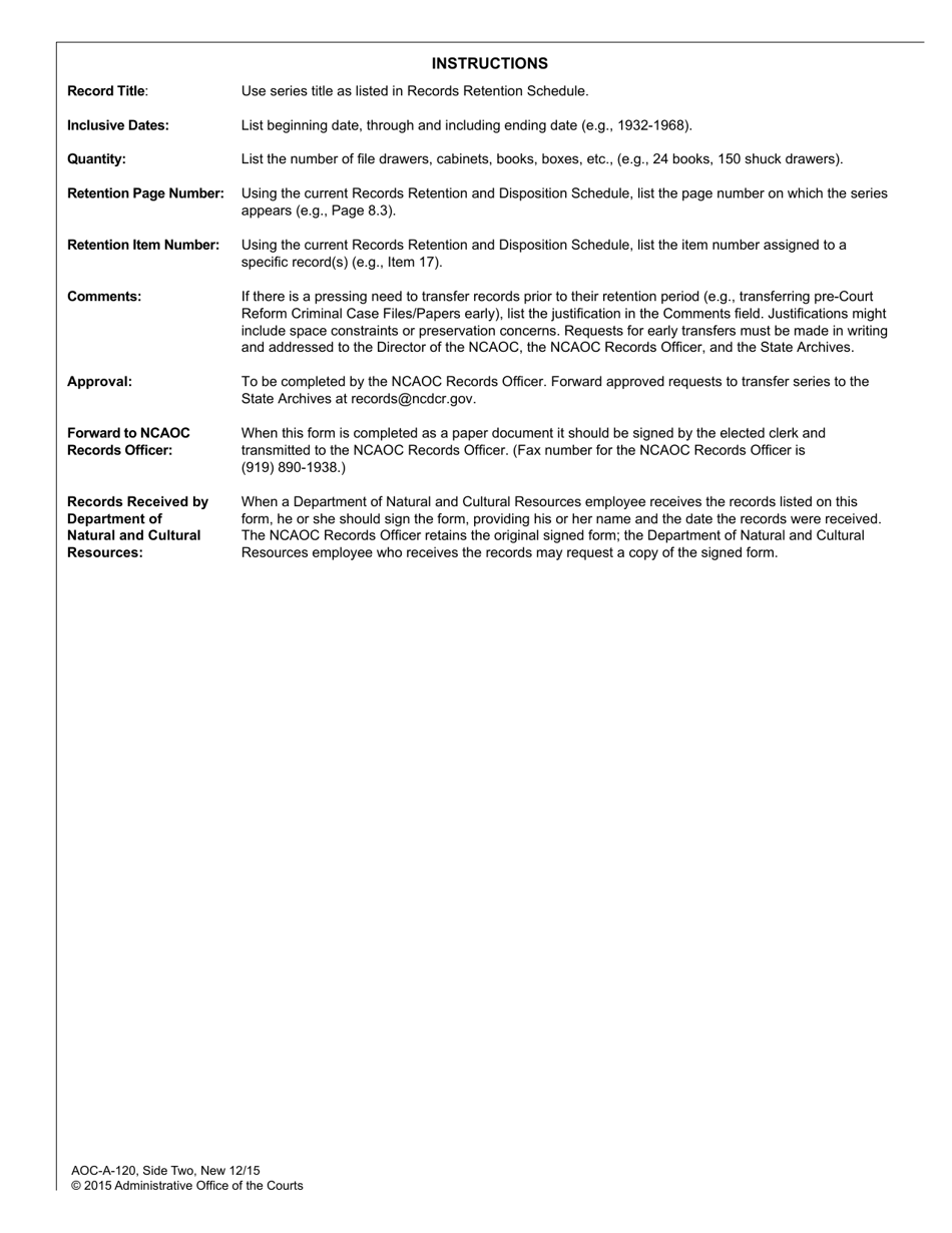 Form AOC-A-120 Request for Approval for Transfer of Clerk of Superior Court Archival Records - North Carolina, Page 2