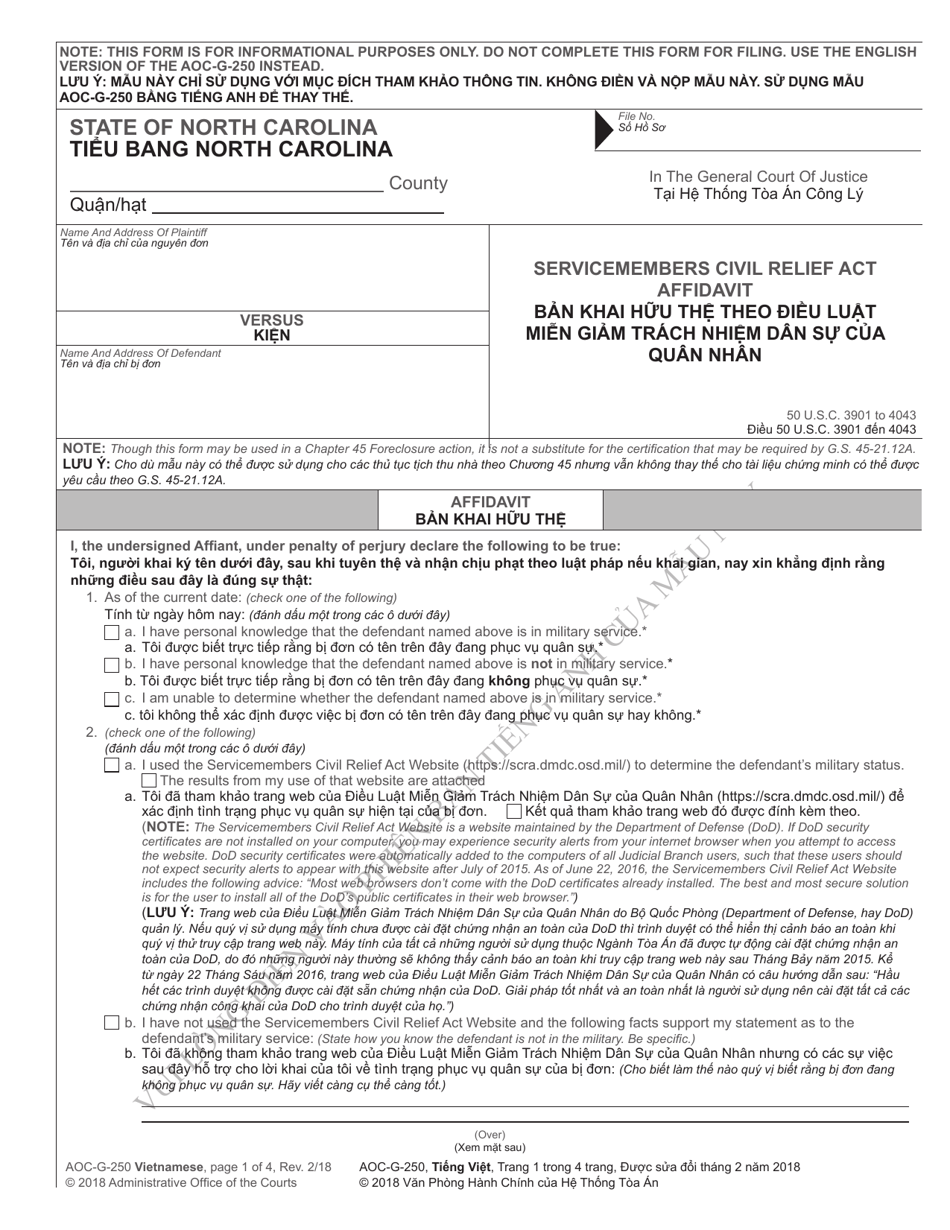 Form AOC-G-250 VIETNAMESE Servicemembers Civil Relief Act Affidavit - North Carolina (English / Vietnamese), Page 1