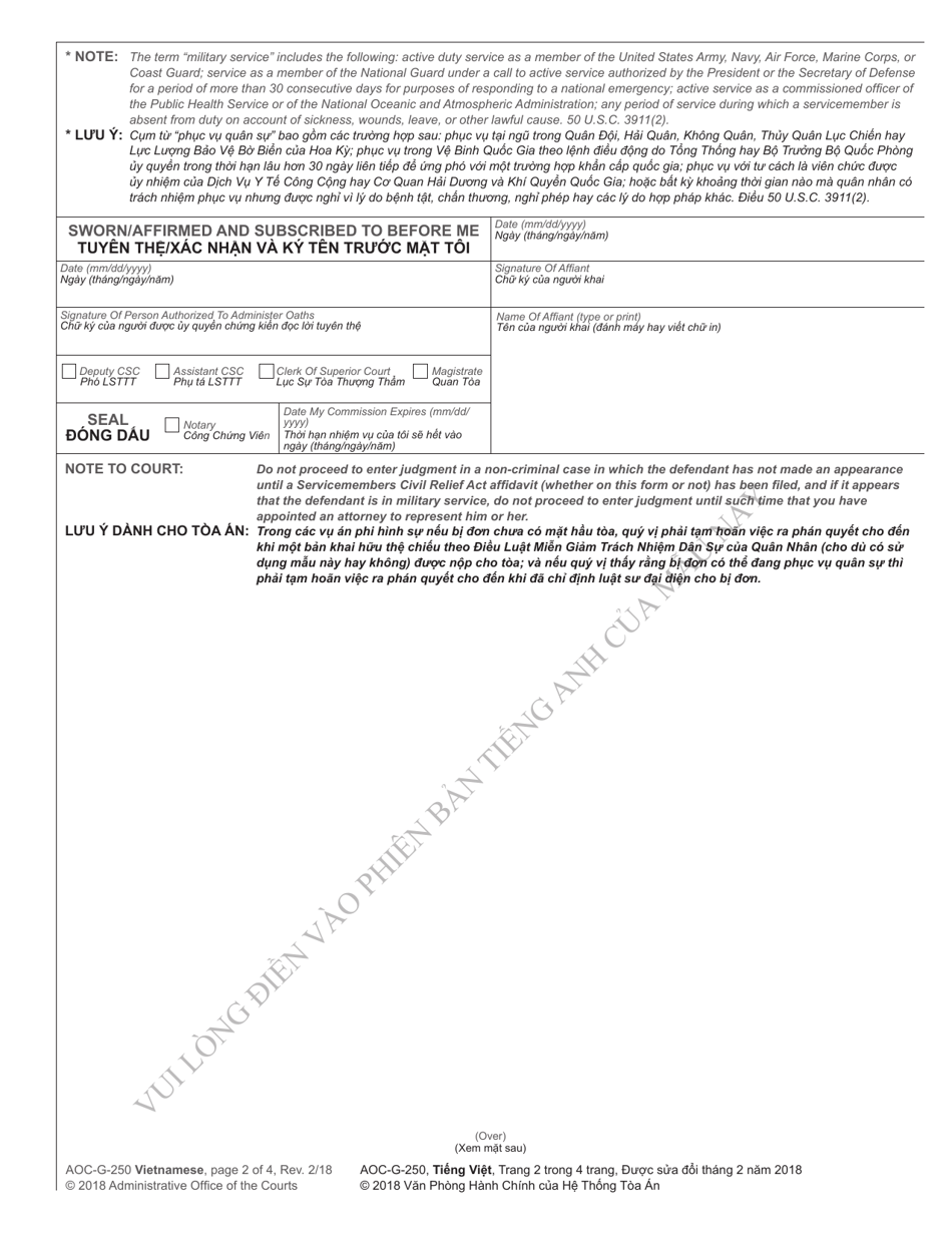 Form AOC-G-250 VIETNAMESE Servicemembers Civil Relief Act Affidavit - North Carolina (English / Vietnamese), Page 2