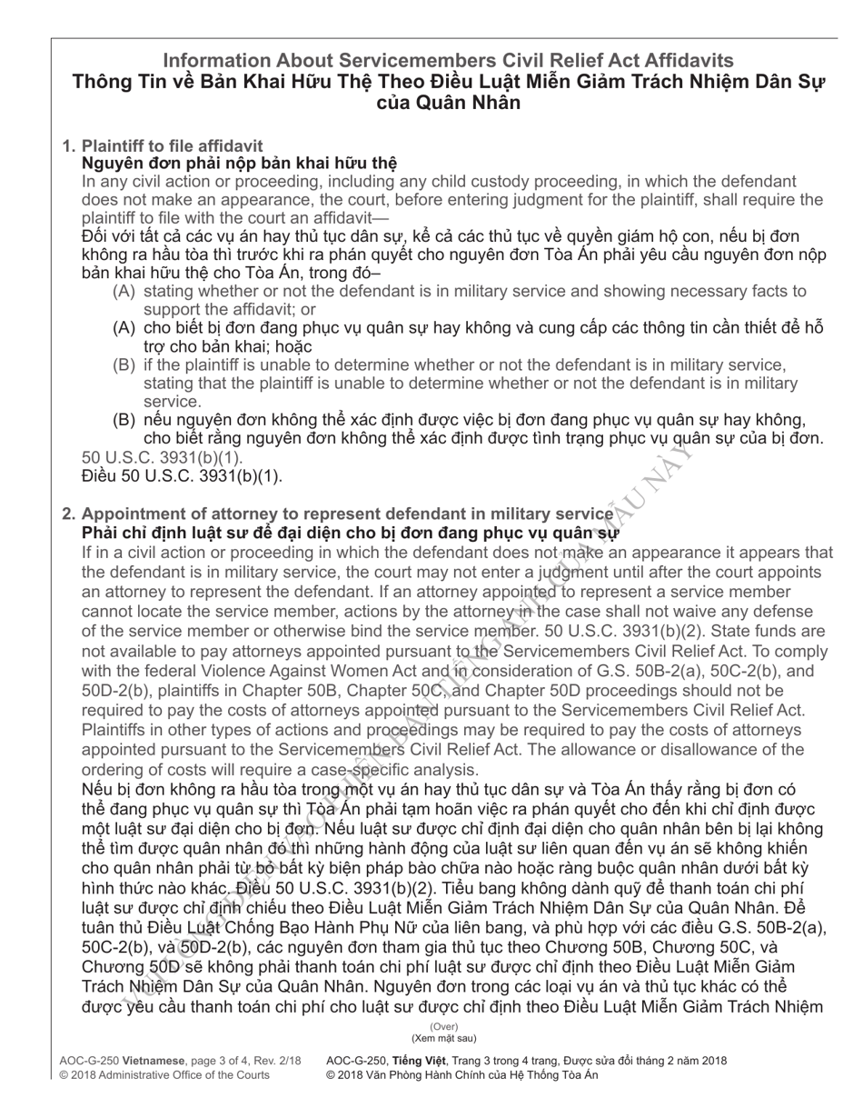 Form AOC-G-250 VIETNAMESE Servicemembers Civil Relief Act Affidavit - North Carolina (English / Vietnamese), Page 3