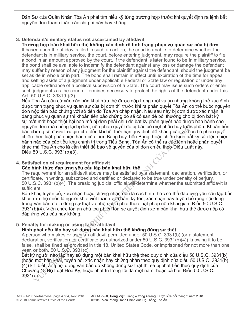 Form AOC-G-250 VIETNAMESE Servicemembers Civil Relief Act Affidavit - North Carolina (English / Vietnamese), Page 4