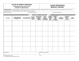 Document preview: Form AOC-A-125 Court Reporter's Monthly Report - North Carolina
