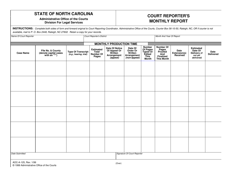 Form AOCA125 Fill Out, Sign Online and Download Fillable PDF, North