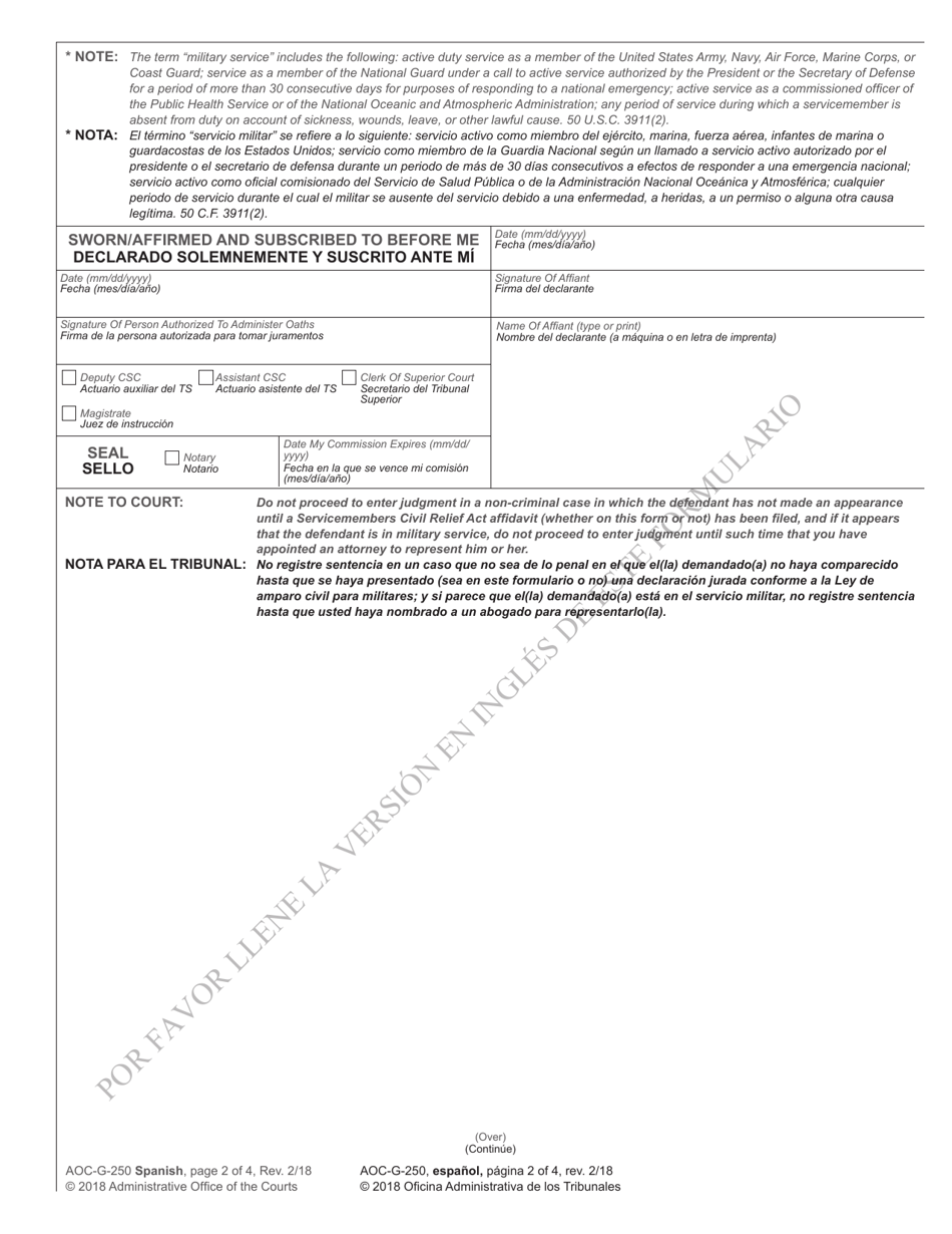 Form AOC-G-250 SPANISH Servicemembers Civil Relief Act Affidavit - North Carolina (English / Spanish), Page 2
