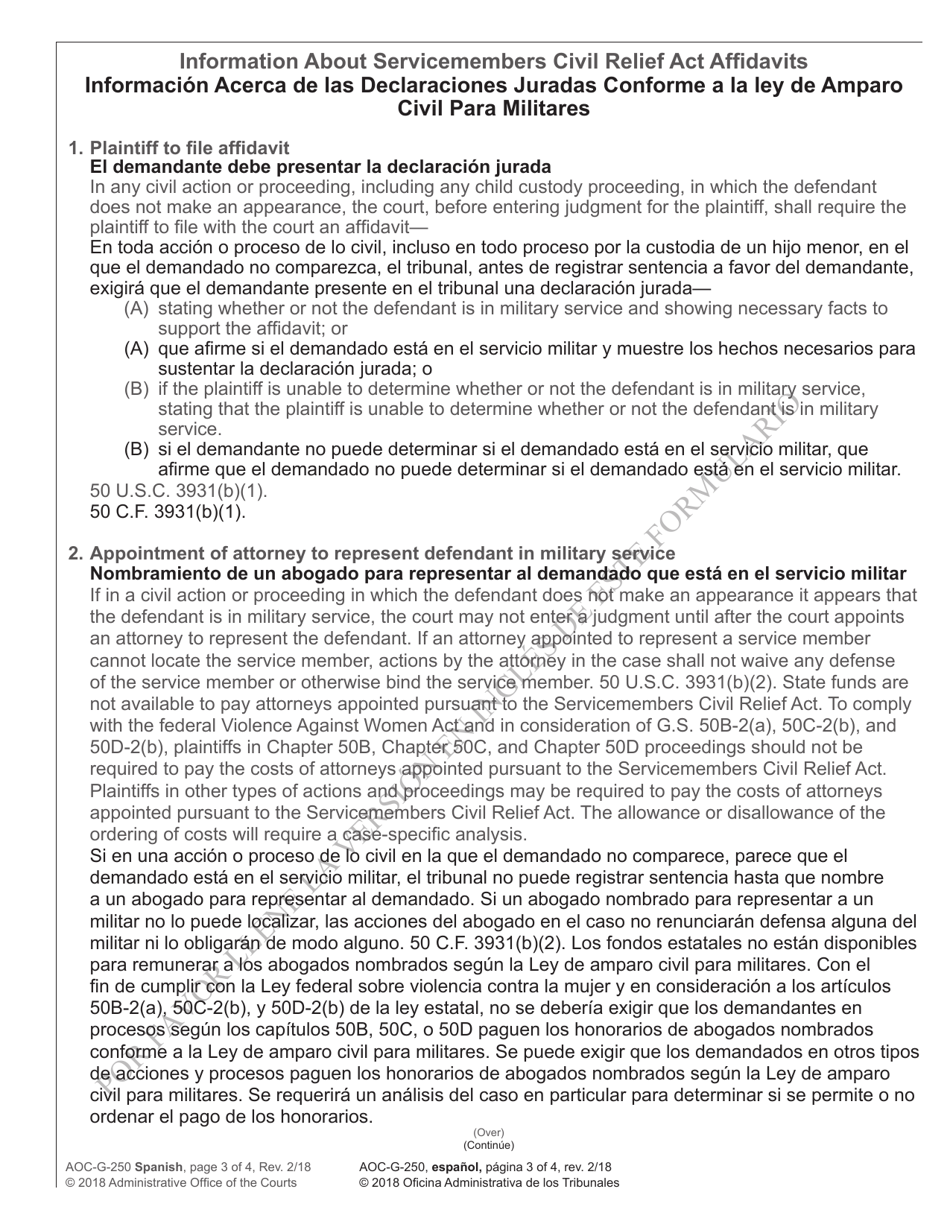 Form AOC-G-250 SPANISH Servicemembers Civil Relief Act Affidavit - North Carolina (English / Spanish), Page 3