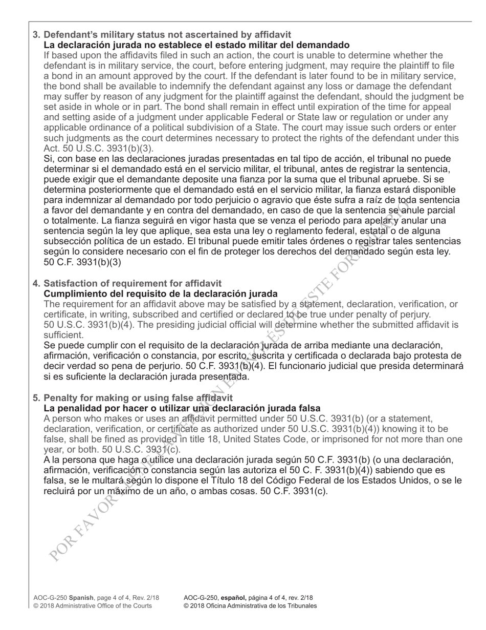 Form AOC-G-250 SPANISH Servicemembers Civil Relief Act Affidavit - North Carolina (English / Spanish), Page 4