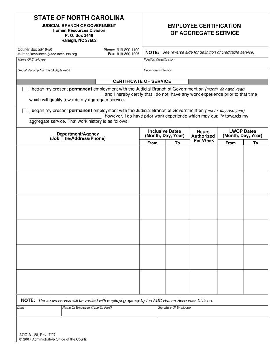 Form AOC-A-128 Employee Certification of Aggregate Service - North Carolina, Page 1