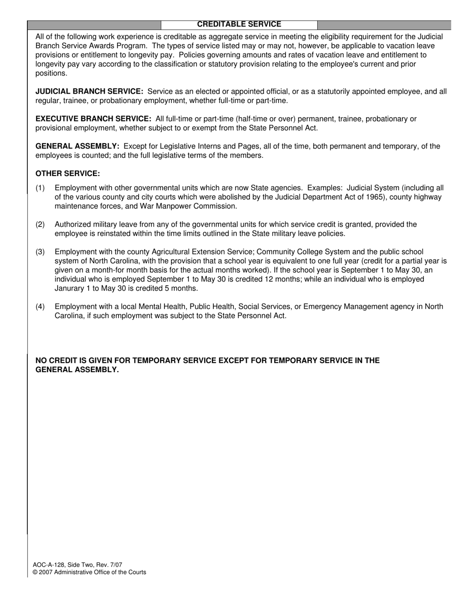 Form AOC-A-128 Employee Certification of Aggregate Service - North Carolina, Page 2