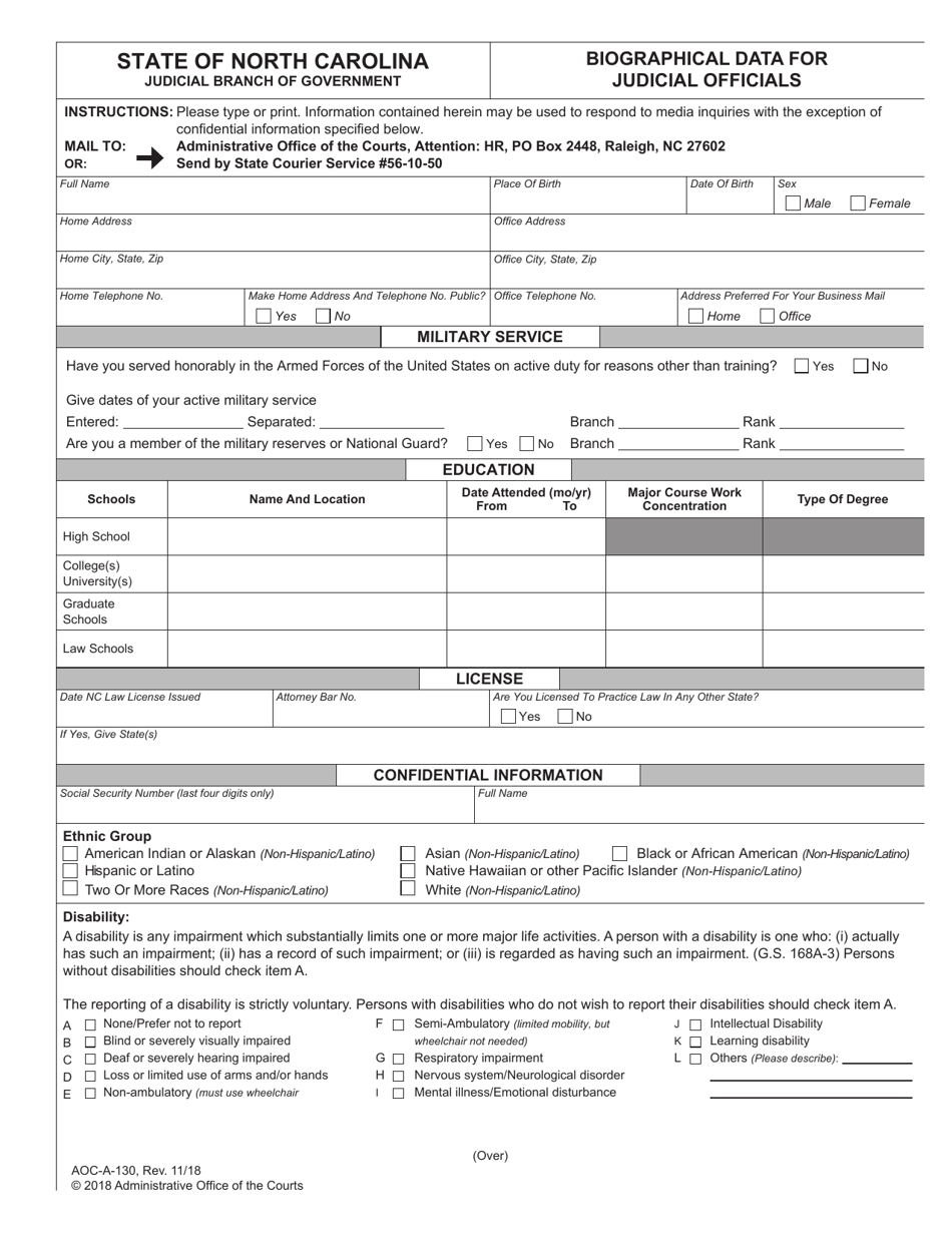 Form AOC-A-130 Biographical Data for Judicial Officials - North Carolina, Page 1