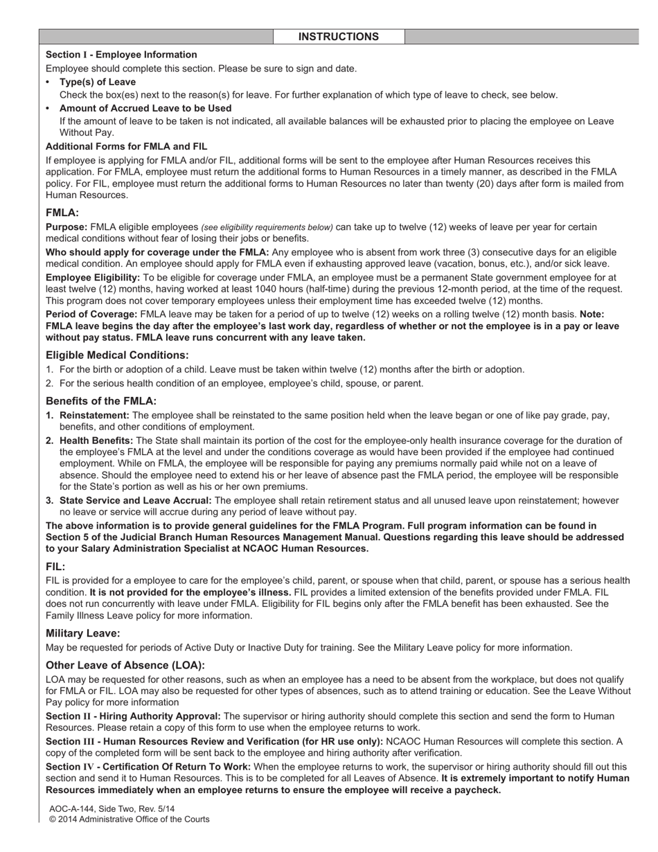 Form AOC-A-144 Application for Leave of Absence - North Carolina, Page 2