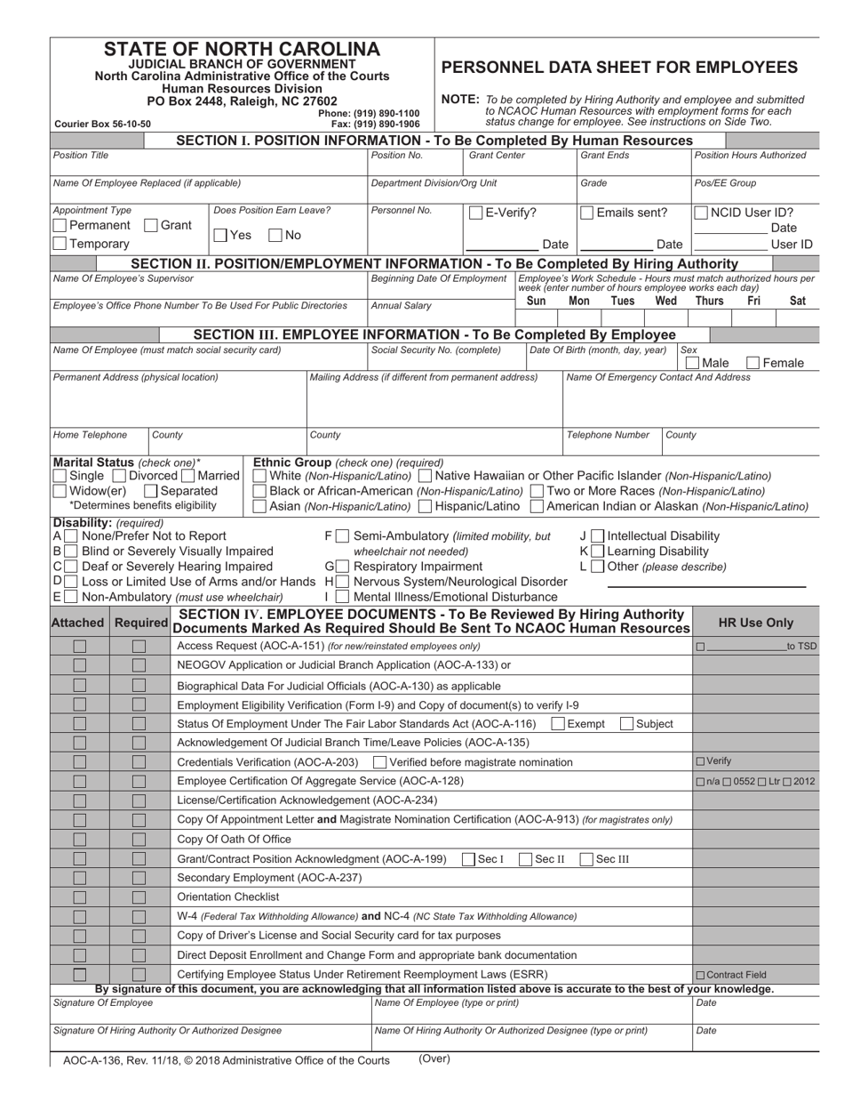 Form AOC-A-136 Personnel Data Sheet for Employees - North Carolina, Page 1