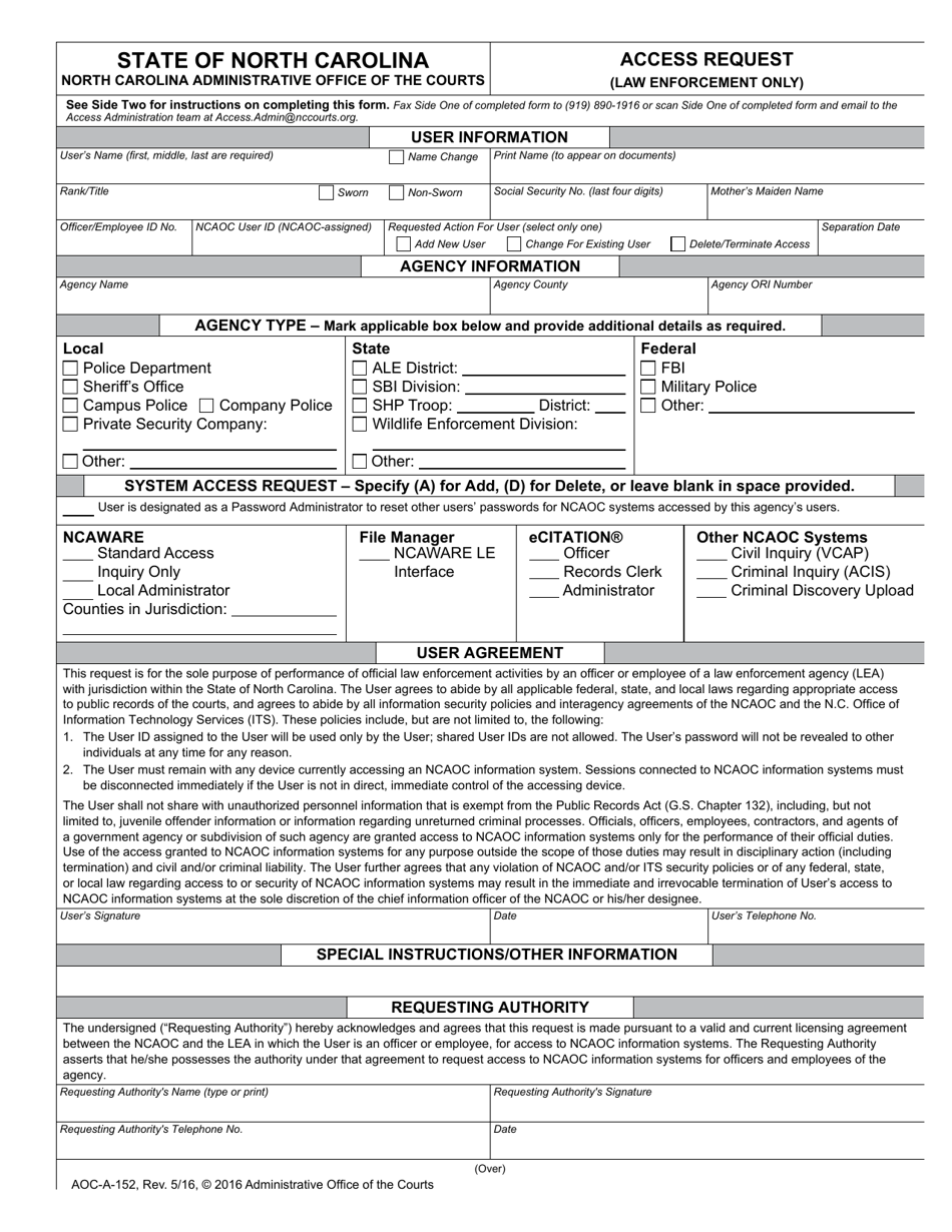 Form AOC-A-152 Access Request (Law Enforcement Only) - North Carolina, Page 1
