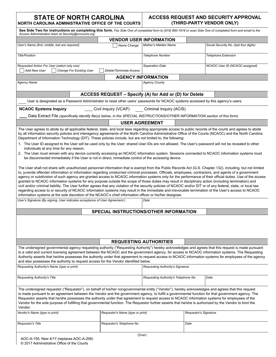 Form AOC-A-155 Access Request and Security Approval (Third-Party Vendor Only) - North Carolina, Page 1