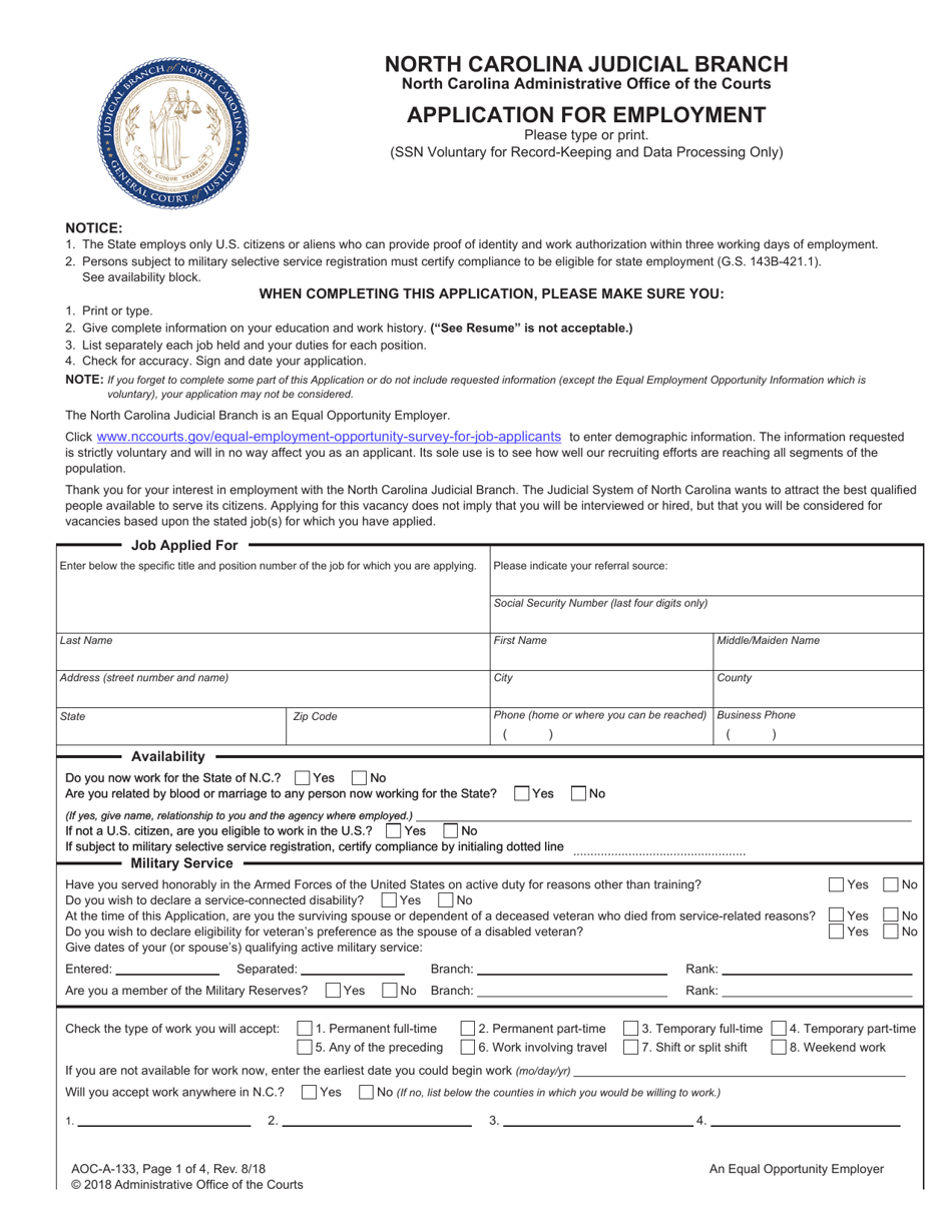 Form AOC-A-133 Application for Employment - North Carolina, Page 1