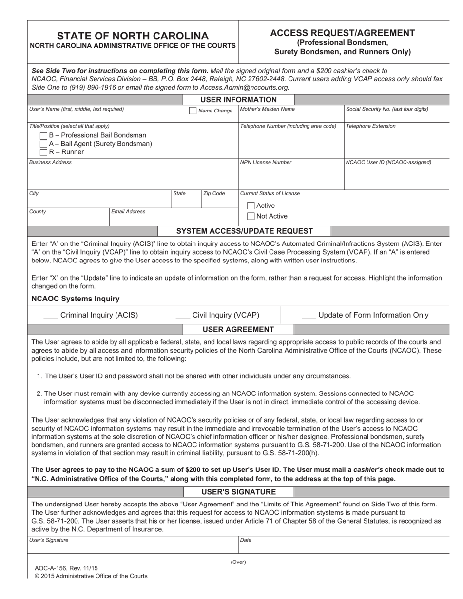 Form AOC-A-156 Access Request/Agreement (Professional Bondsmen, Surety Bondsmen, and Runners Only) - North Carolina, Page 1