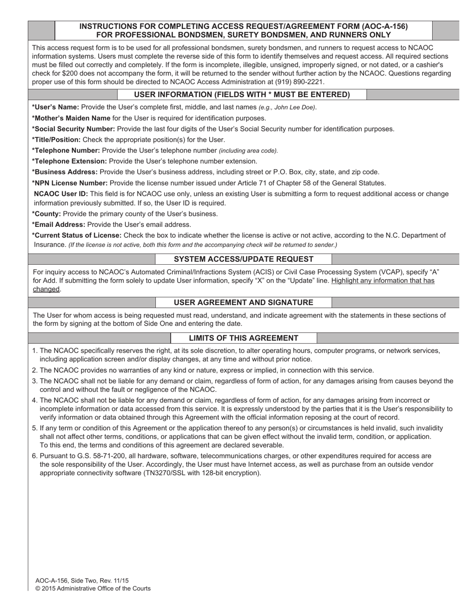 Form AOC-A-156 Access Request / Agreement (Professional Bondsmen, Surety Bondsmen, and Runners Only) - North Carolina, Page 2