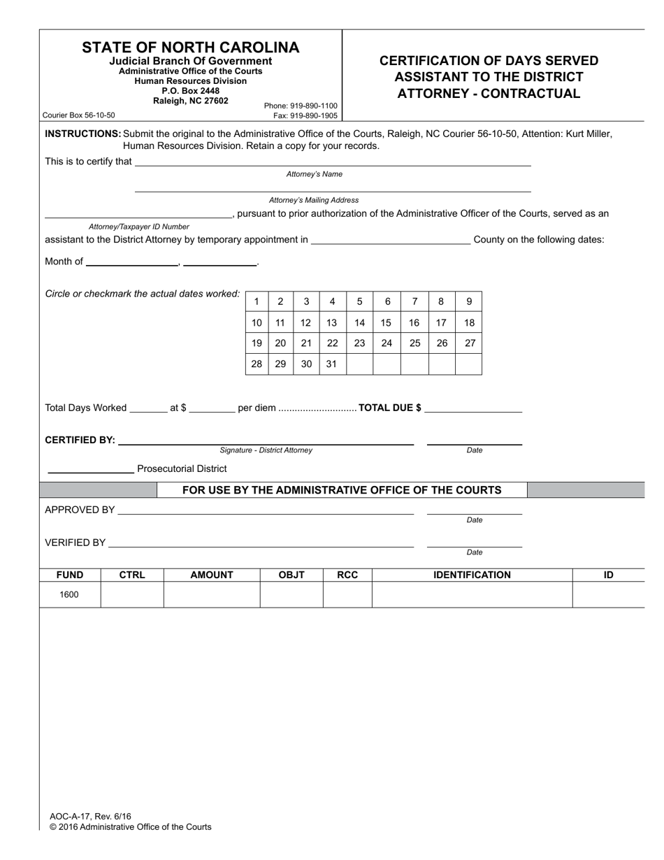 Form AOC-A-17 Certification of Days Served Assistant to the District Attorney - Contractual - North Carolina, Page 1