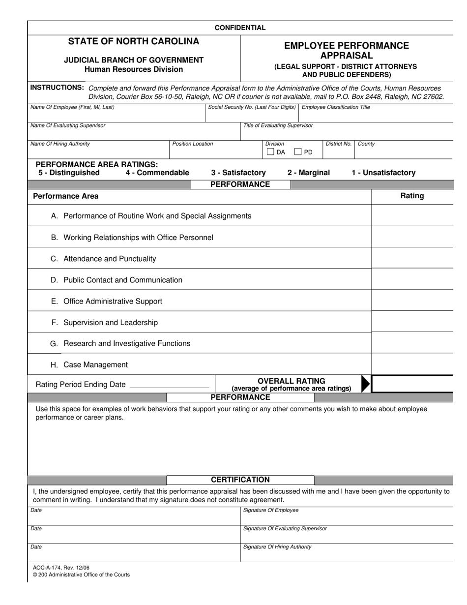 Form AOC-A-174 Employee Performance Appraisal (Legal Support - District Attorneys and Public Defenders) - North Carolina, Page 1