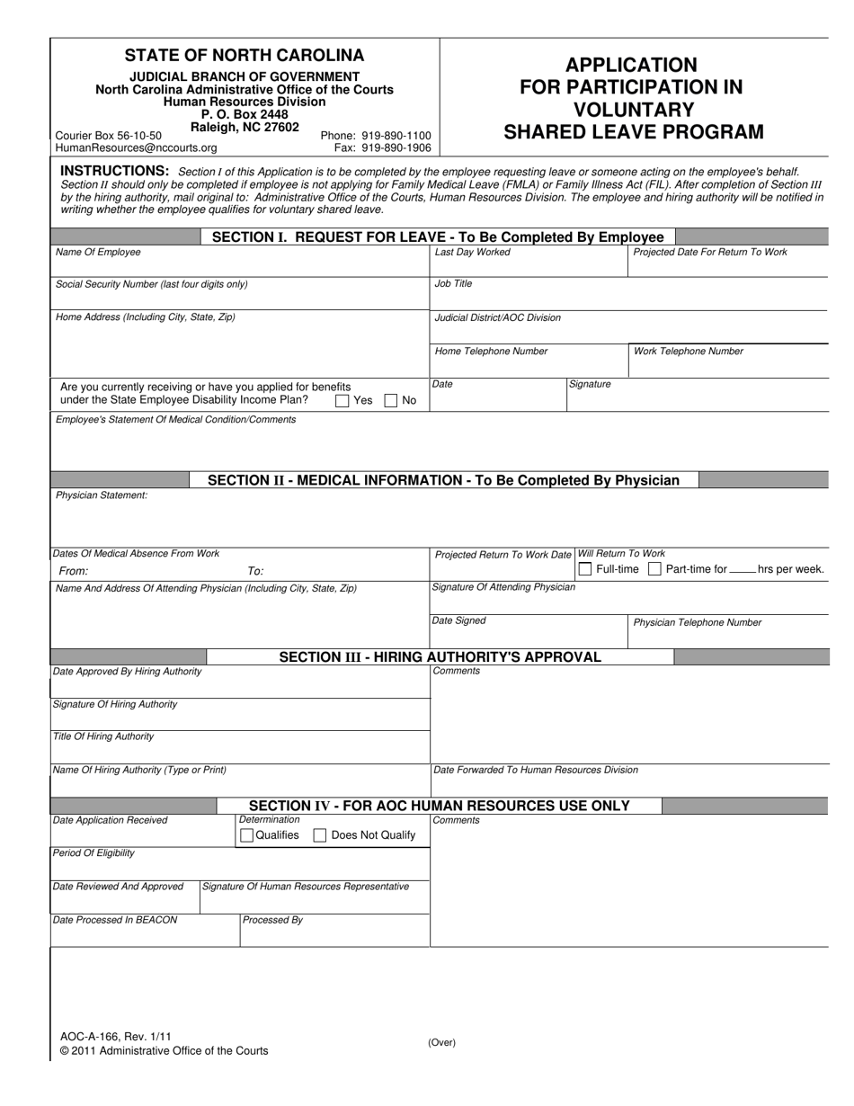 Form AOC-A-166 Application for Participation in Voluntary Shared Leave Program - North Carolina, Page 1