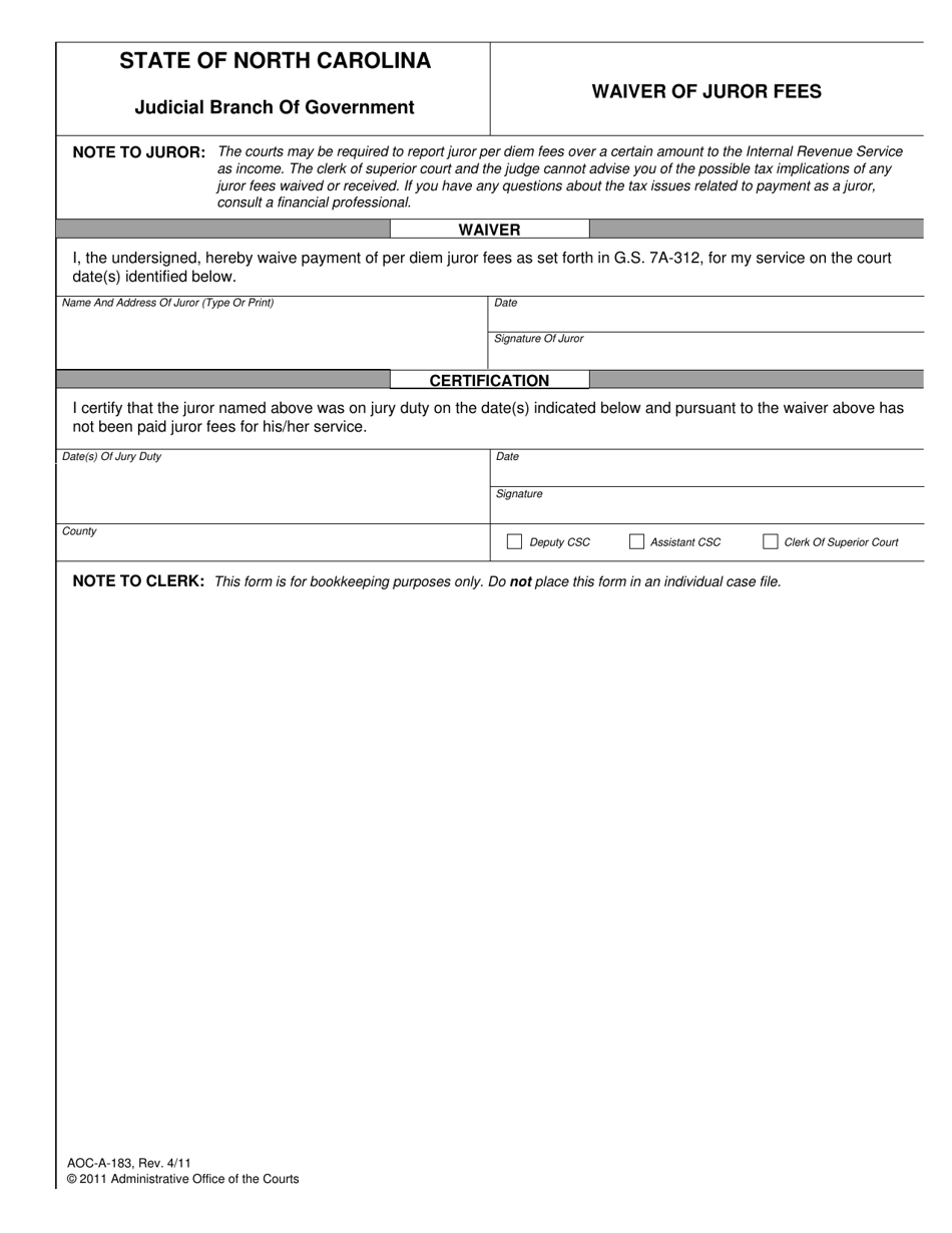 Form AOC-A-183 Waiver of Juror Fees - North Carolina, Page 1