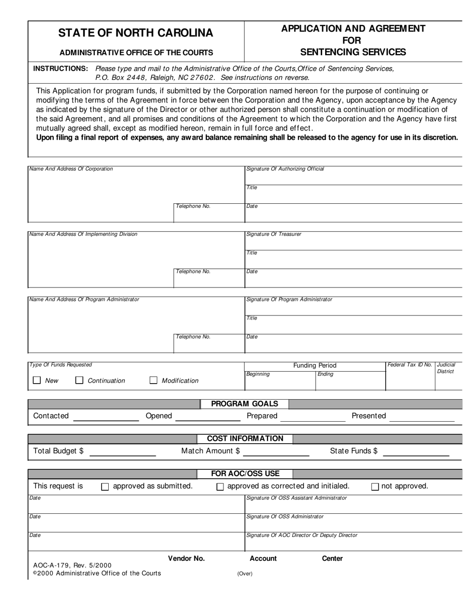 Form AOC-A-179 Application and Agreement for Sentencing Services - North Carolina, Page 1