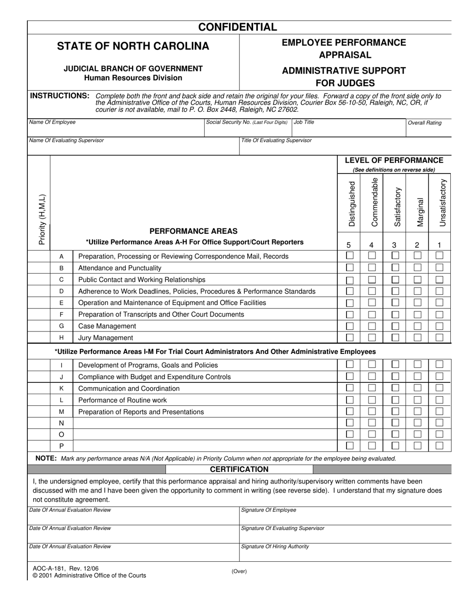Form AOC-A-181 Employee Performance Appraisal - Administrative Support for Judges - North Carolina, Page 1