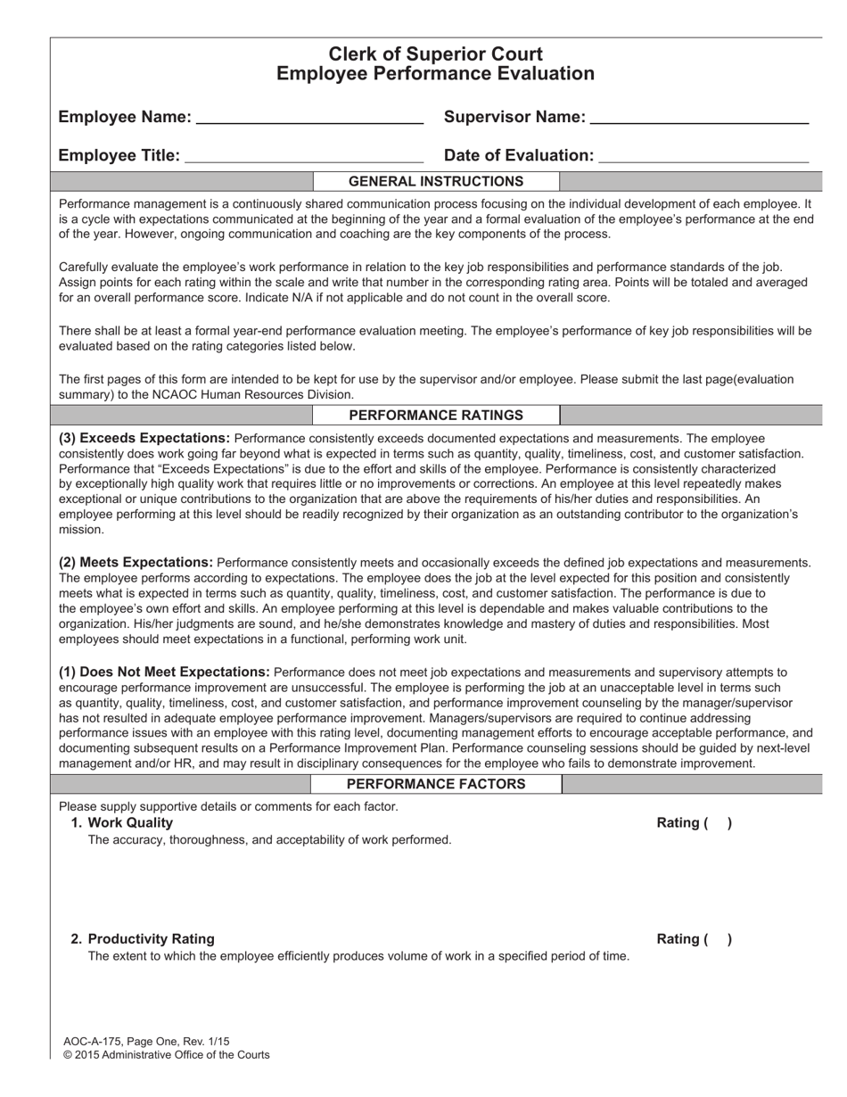 Form AOC-A-175 Clerk of Superior Court Employee Performance Evaluation - North Carolina, Page 1