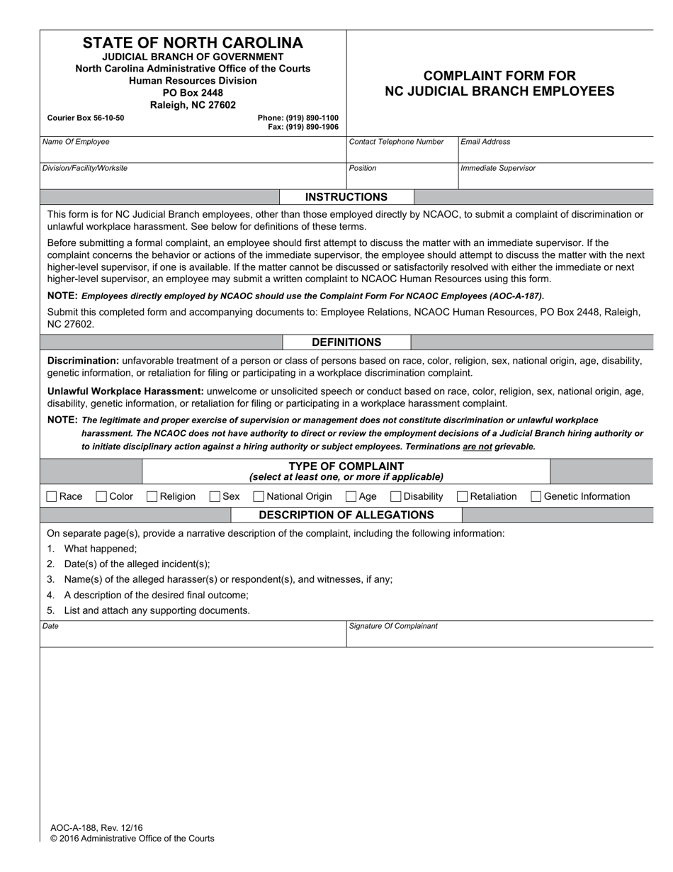 Form AOCA188 Fill Out, Sign Online and Download Fillable PDF, North