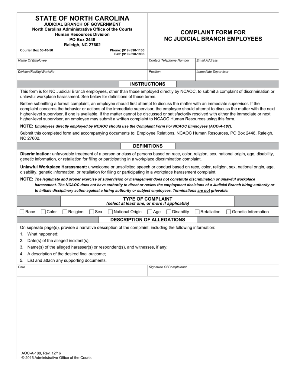 Form AOC-A-188 Complaint Form for Nc Judicial Branch Employees - North Carolina, Page 1