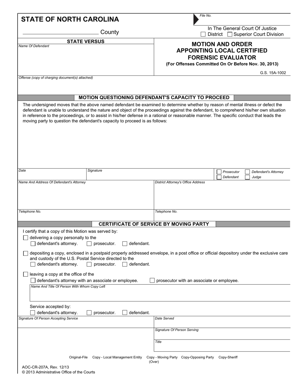Form AOC-CR-270A Motion and Order Appointing Local Certified Forensic Evaluator (For Offenses Committed on or Before Nov. 30, 2013) - North Carolina, Page 1