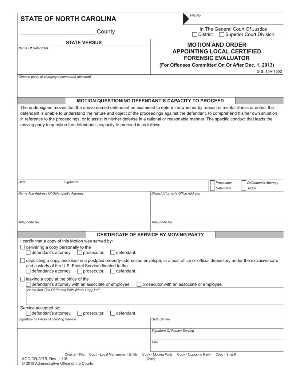 Form AOC-CR-207B Motion and Order Appointing Local Certified Forensic Evaluator (For Offenses Committed on or After Dec. 1, 2013) - North Carolina, Page 1