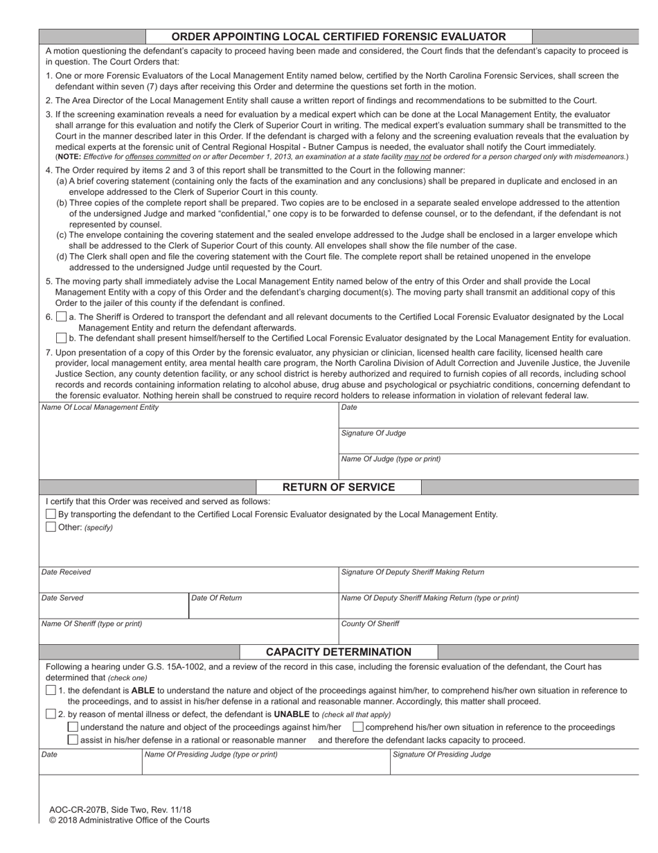 Form AOC-CR-207B Motion and Order Appointing Local Certified Forensic Evaluator (For Offenses Committed on or After Dec. 1, 2013) - North Carolina, Page 2