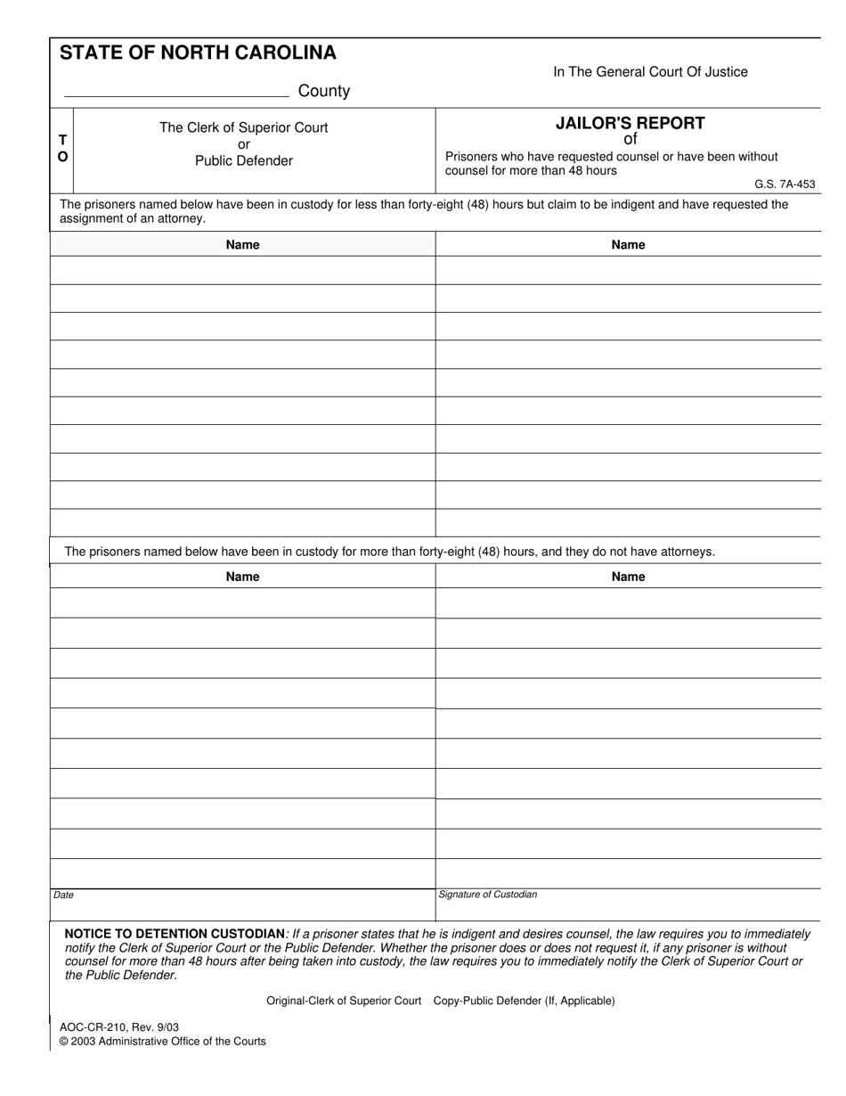 Form AOC-CR-210 Jailors Report - North Carolina, Page 1