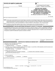 Form AOC-CR-208B Motion and Order Committing Defendant to Central Regional Hospital - Butner Campus for Examination on Capacity to Proceed (For Offenses Committed on or After Dec. 1, 2013) - North Carolina