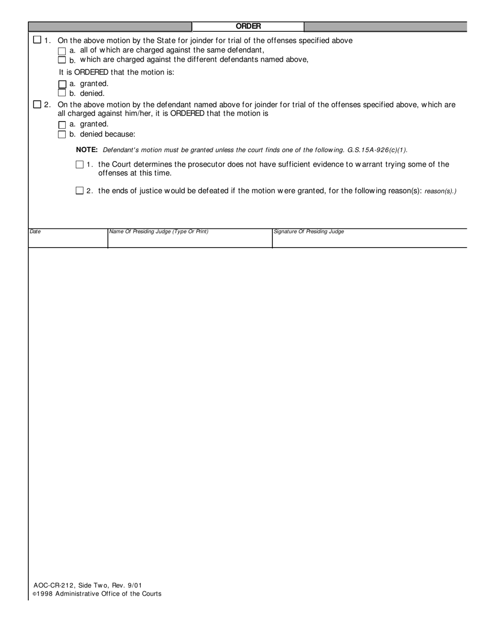 Form AOC-CR-212 Motion and Order for Joinder - North Carolina, Page 2