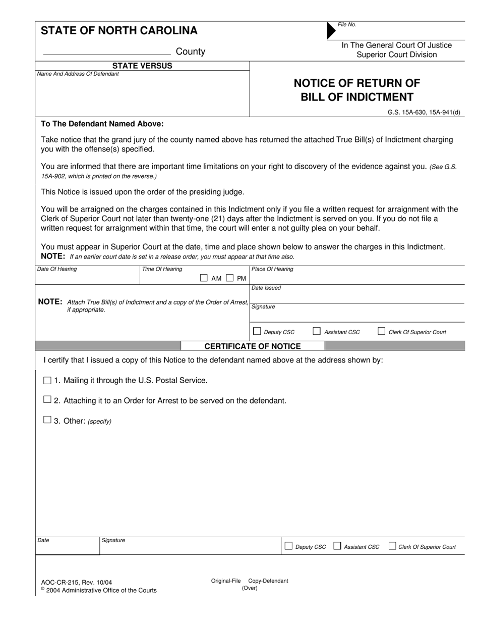 Form AOC-CR-215 Notice of Return of Bill of Indictment - North Carolina, Page 1