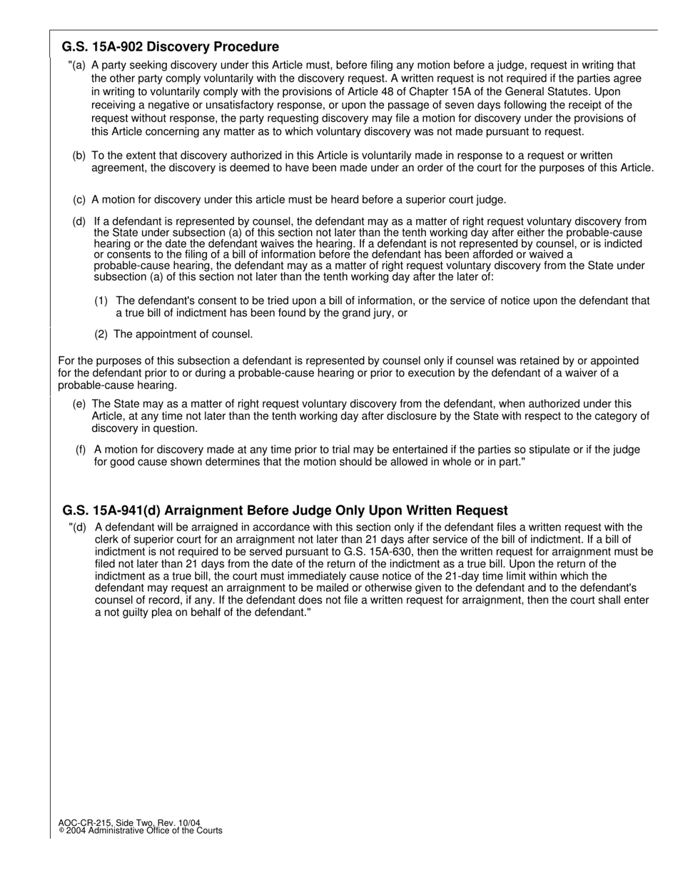 Form AOC-CR-215 Notice of Return of Bill of Indictment - North Carolina, Page 2