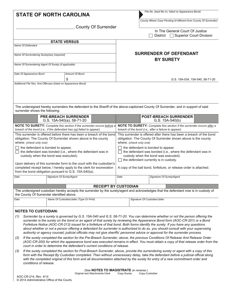 Form AOC-CR-214 Surrender of Defendant by Surety - North Carolina, Page 1